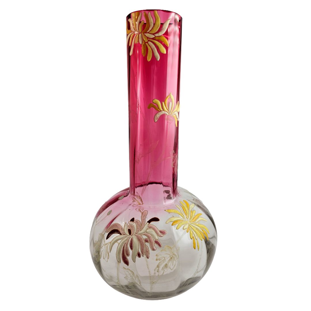 French Art Glass Chrysanthemums Vase, Legras St Denis Mont Joye Bottle Neck