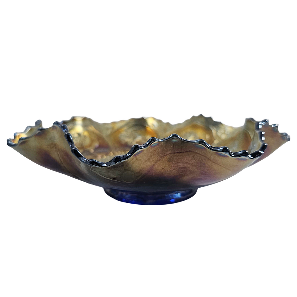 Fenton Dragon & Lotus Pattern Ruffled Cobalt Carnival Glass Bowl