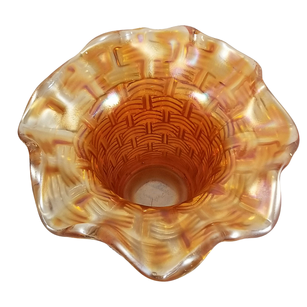 Antique Dugan Persian Garden Big Basketweave Marigold Carnival Glass Squat Vase Fruit Bowl Base