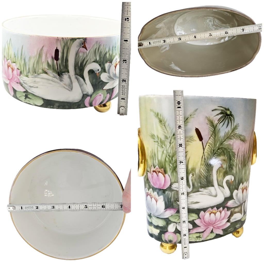 Limoges French Porcelain Cachepot & Fernery Vase HP Swans and Waterlilies AS Hoffman