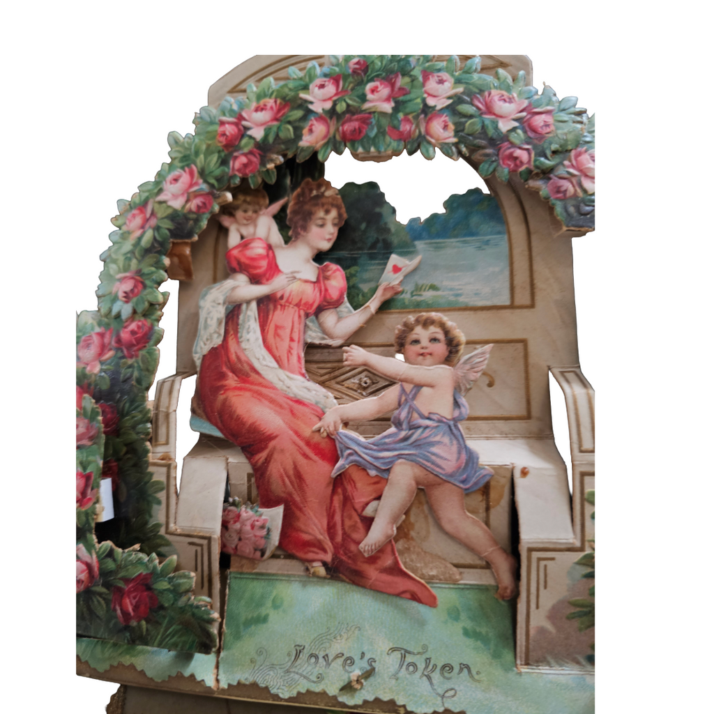 Large Antique 3D Die Cut Valentine Card Brundage Woman with Cupids on Garden Bench