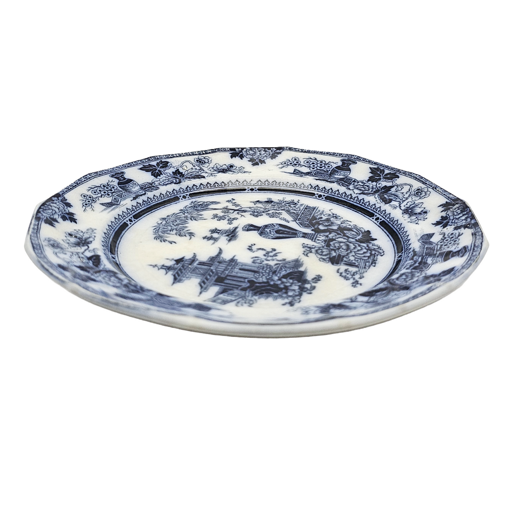 Antique English Flow Blue Ironstone Plate: W Adams & Sons Transferware, Oriental Chinoiserie Jeddo