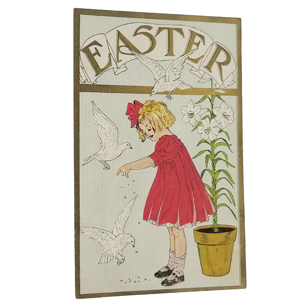 Easter Postcard Series 1007 Little Girl in Red Feeding Birds w/ White Lily Plant