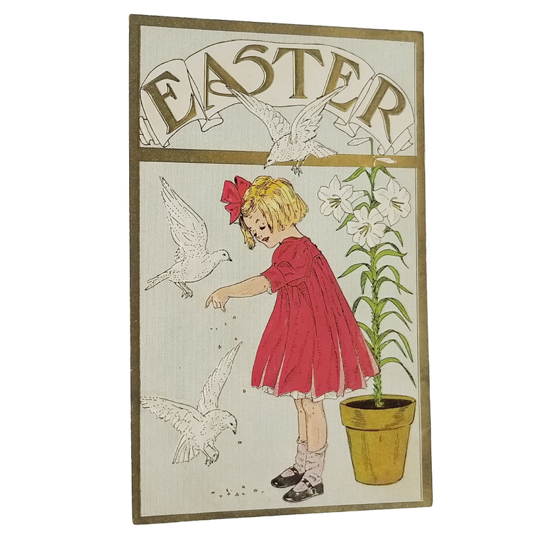 Easter Postcard Series 1007 Little Girl in Red Feeding Birds w/ White Lily Plant