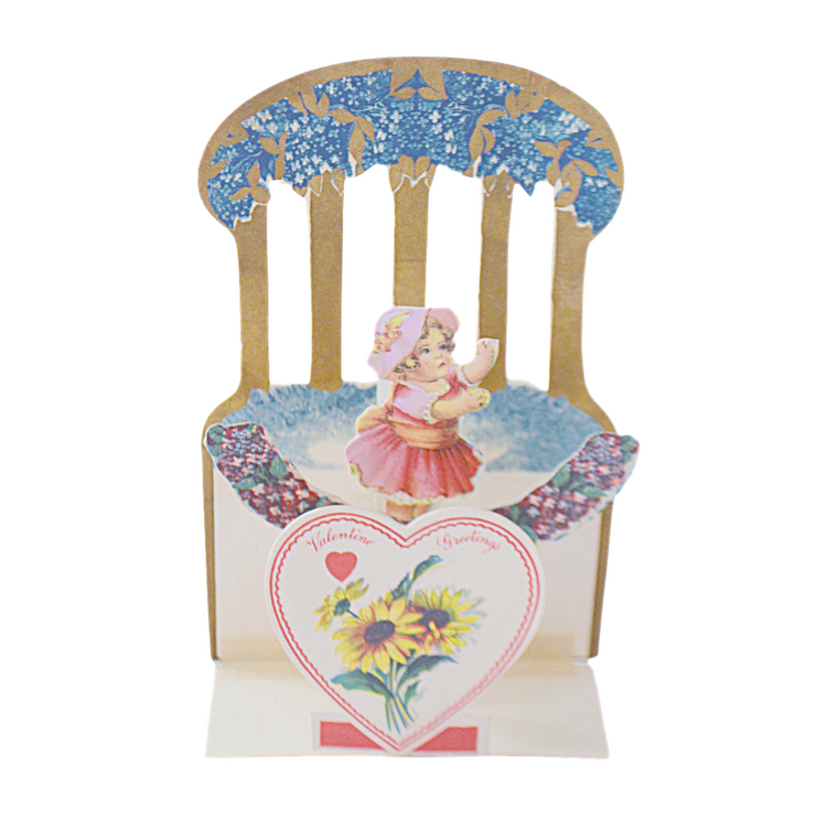Valentine Die Cut Fold Down Card Little Girl Reaching for Flowers