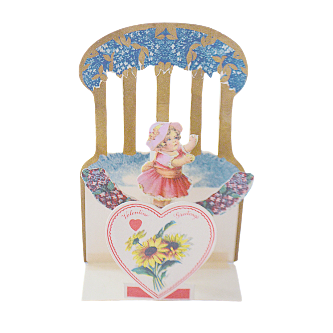 Valentine Die Cut Fold Down Card Little Girl Reaching for Flowers