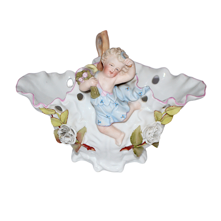 Large Antique Sitzendorf Porcelain Floral Encrusted Cherub Putti Basket
