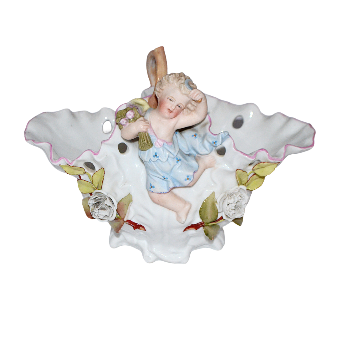 Large Antique Sitzendorf Porcelain Floral Encrusted Cherub Putti Basket