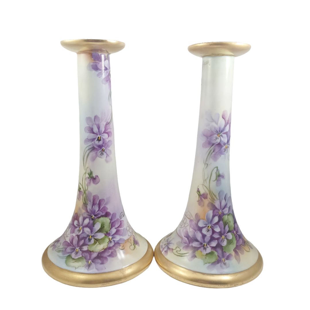 Limoges Porcelain Candle Holders Hand Painted Violets Artist Signed Perl