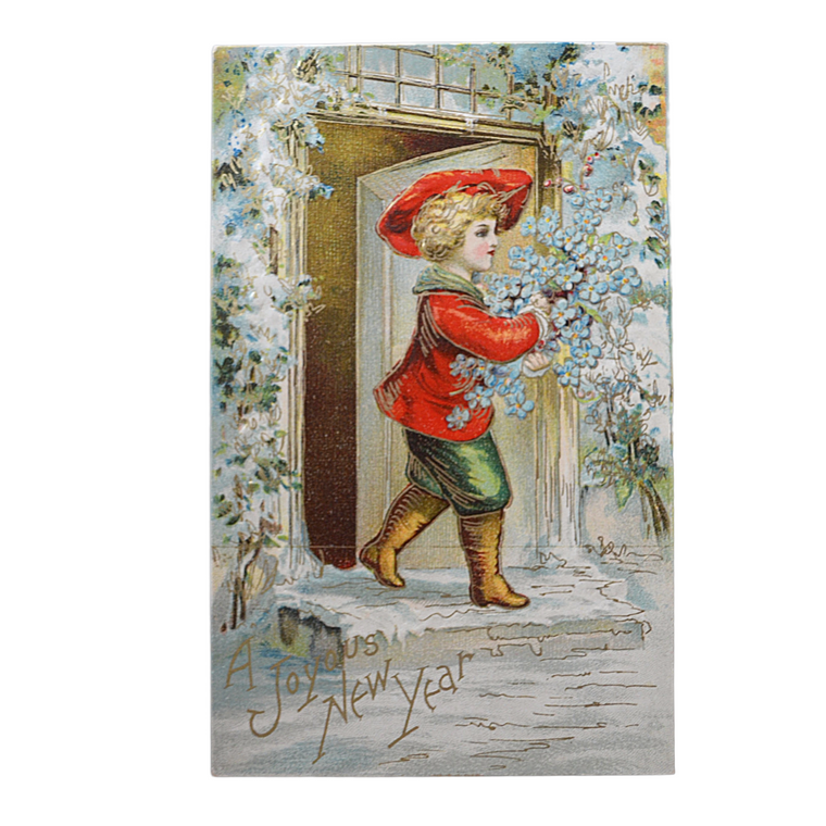 New Year's Postcard Child with Flowers Embossed Gold Embellished