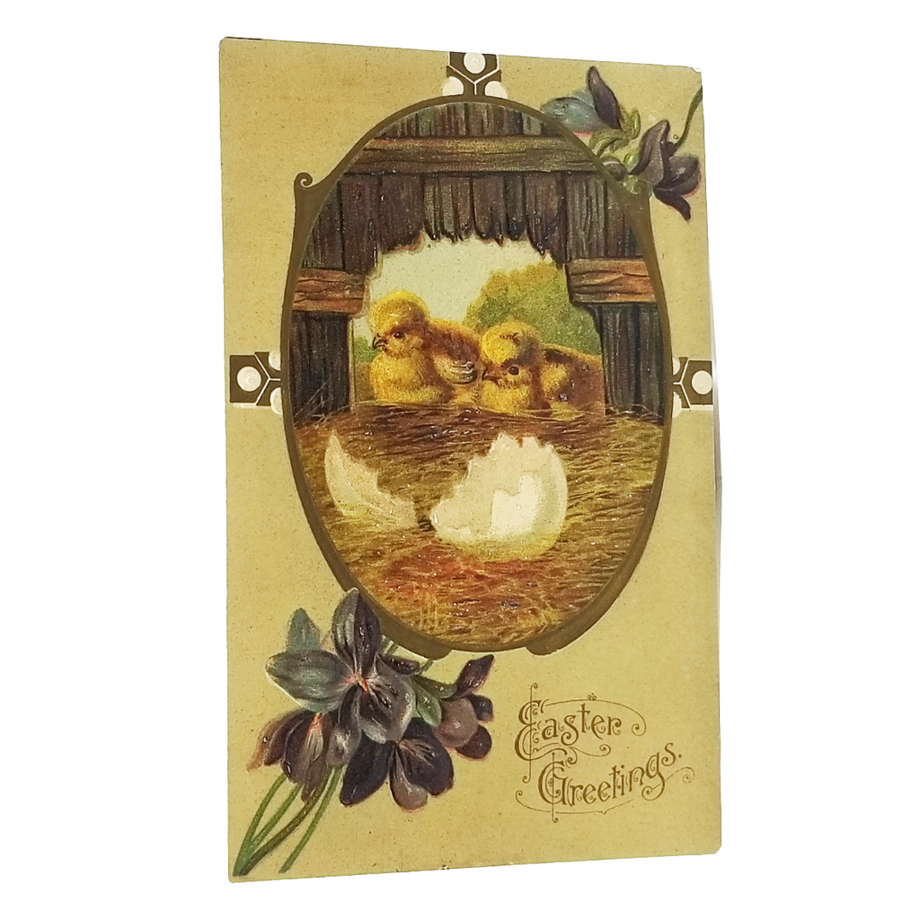 Easter Postcard Baby Chicks w/ Busted Egg in Hay Barn Window