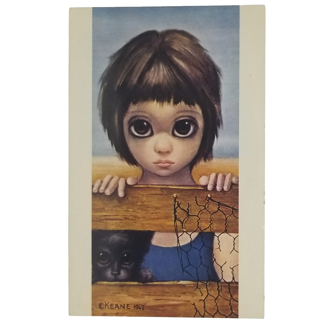 Margaret Keane Postcard Big Eyes "Watching" Child with Black Scotty Puppy Dog 1960s