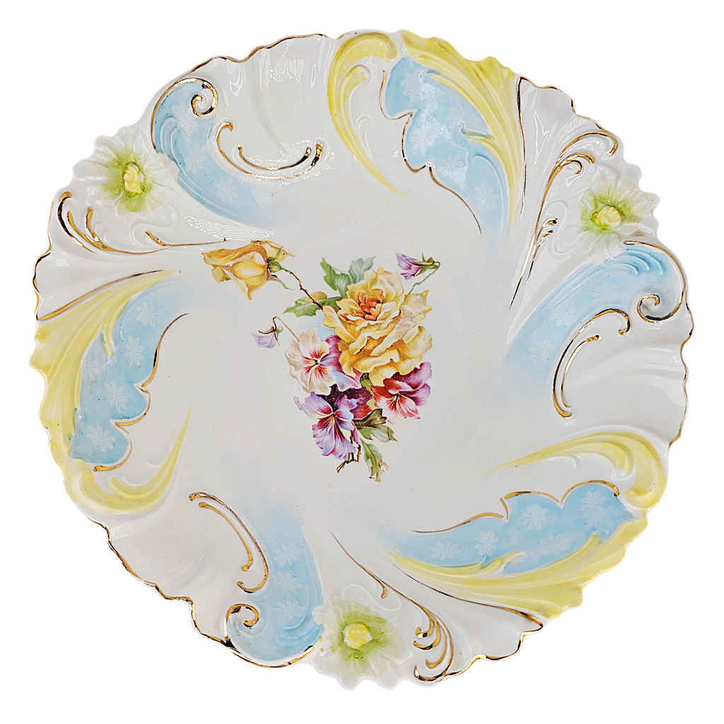 RS PRUSSIA BOWL Stylized Daisy Floral Swirl Rim Mold 40 Yellow Roses & Flowers