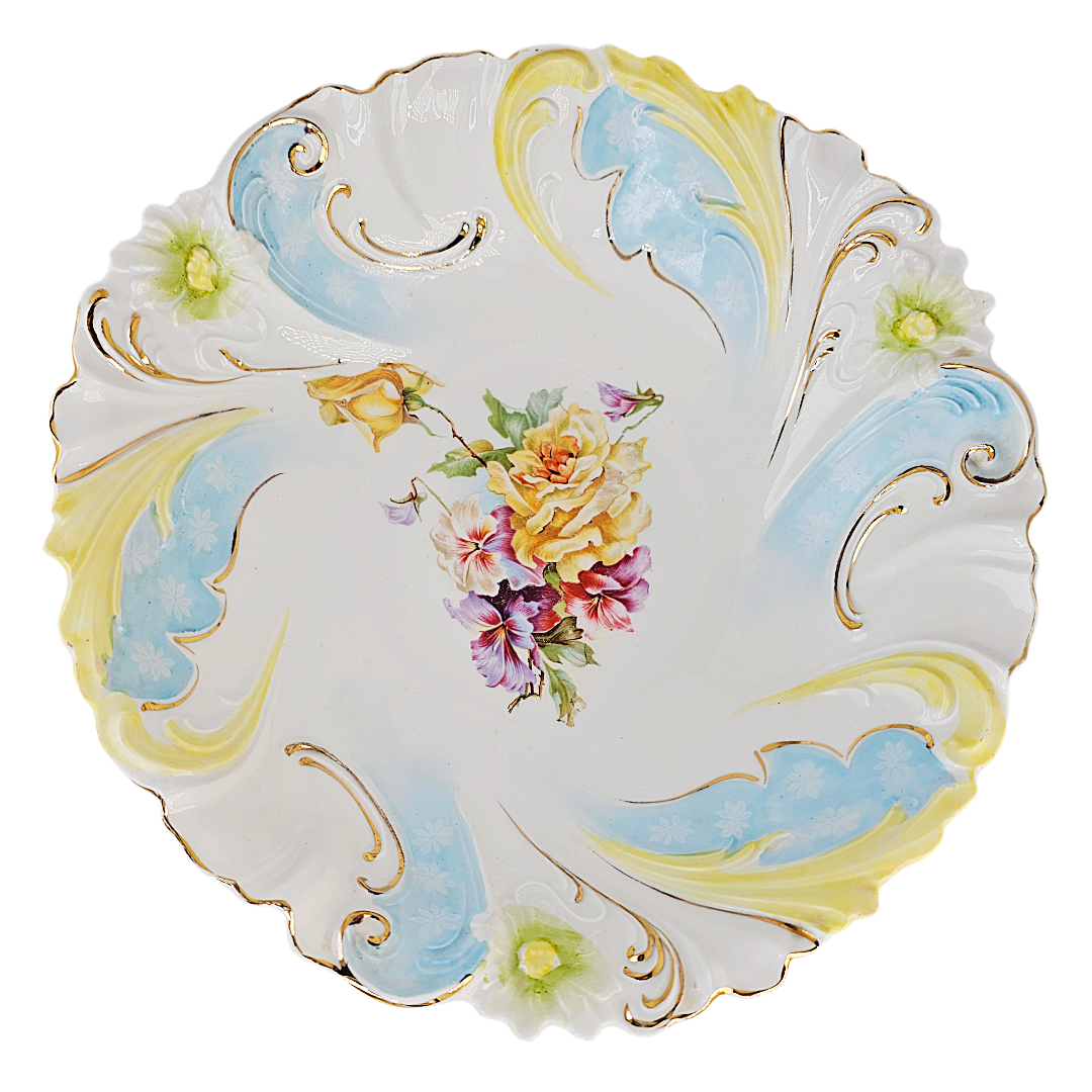 RS PRUSSIA BOWL Stylized Daisy Floral Swirl Rim Mold 40 Yellow Roses & Flowers