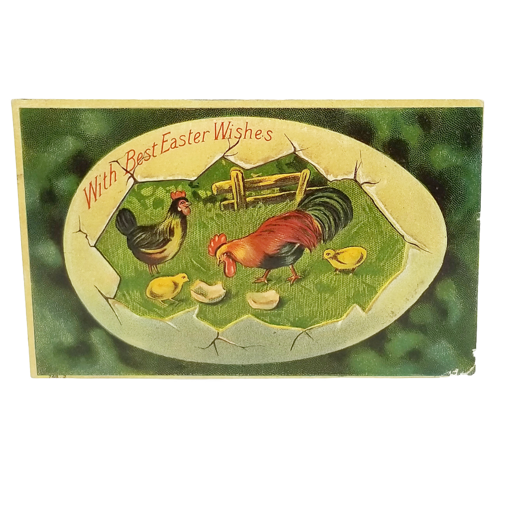 Easter Postcard Rooster & Hen Baby Chicks in Egg Frame