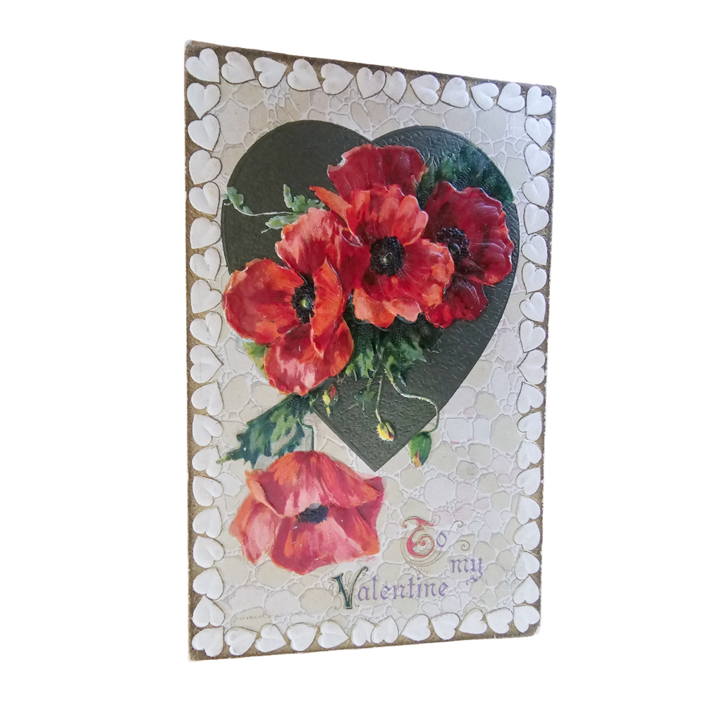 Valentine Postcard Winsch Pub Embossed Red Poppies w/ Silver Heart
