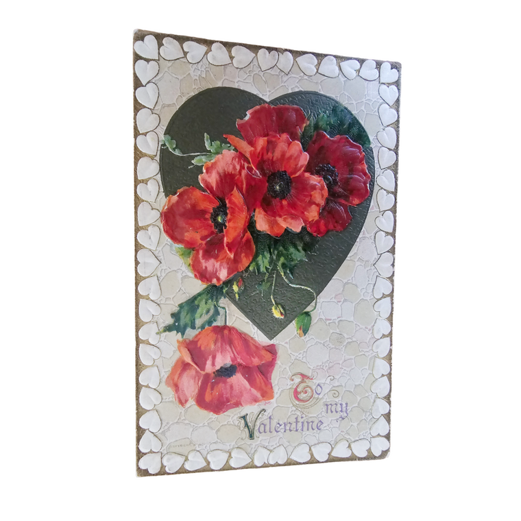 Valentine Postcard Winsch Pub Embossed Red Poppies w/ Silver Heart