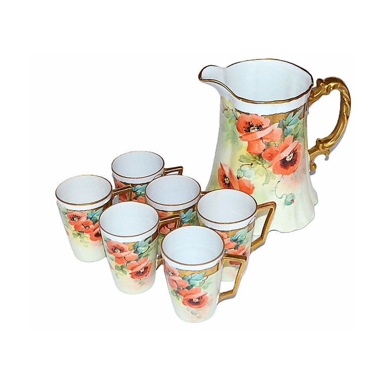 Bavaria Porcelain 7pc Painted Poppies Lemonade Water Set