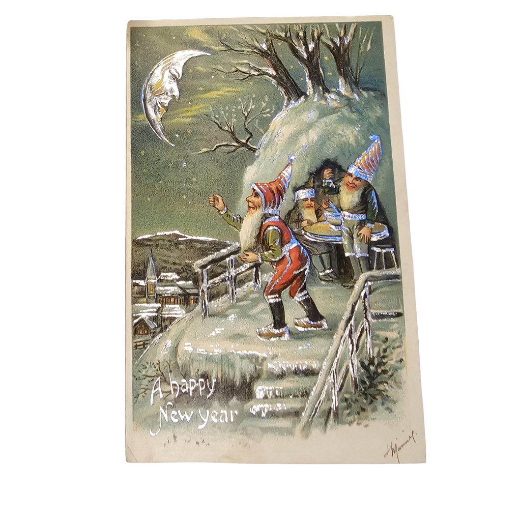 New Year's Greeting Postcard Gnomes with Moon Silver Embossed