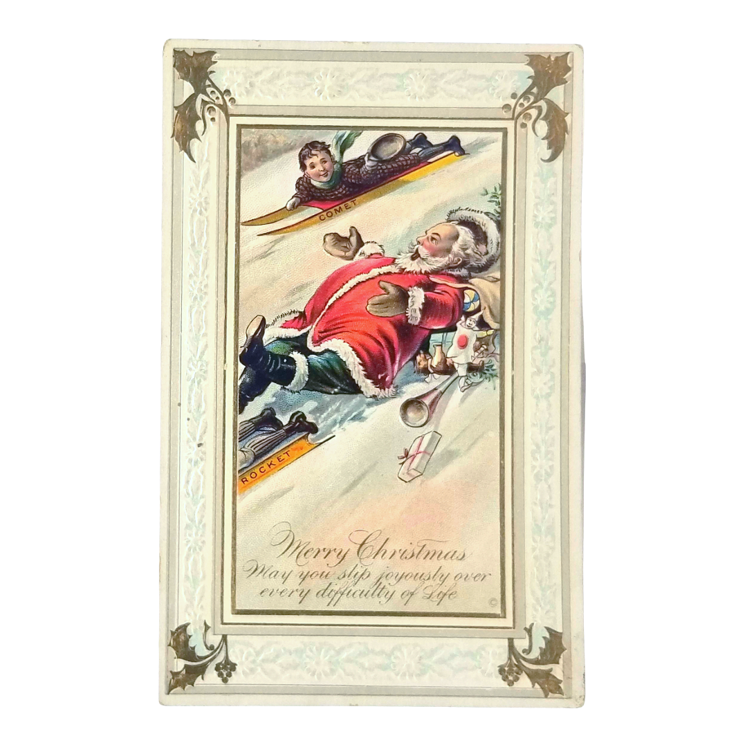 Christmas Postcard Santa Sledding Too Fast Series 567 JJ Marks