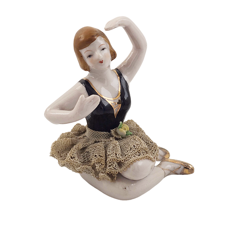Porcelain Bisque Bathing Beauty Seated Ballerina Dresden Lace Skirt
