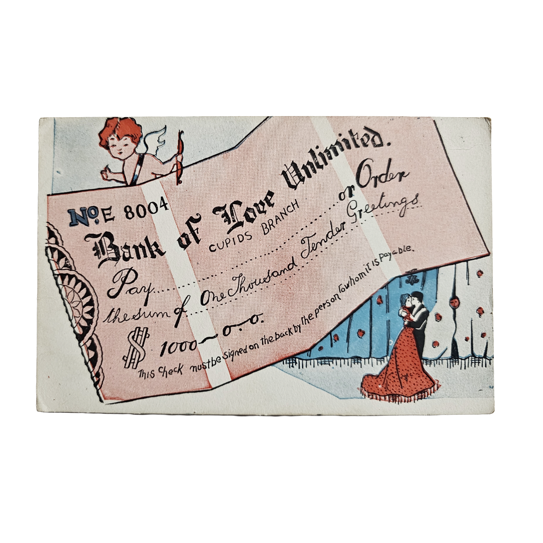Valentine Postcard Cupid Holding Check w/ Couple Bank of Love Unlimited