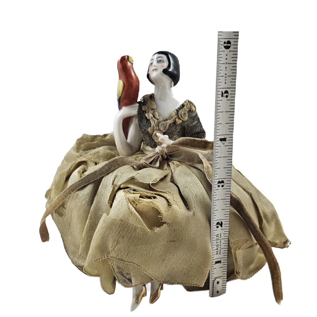 Rare Art Deco Flapper German Porcelain Half Doll with Parrot Bird on Pin Cushion with Legs