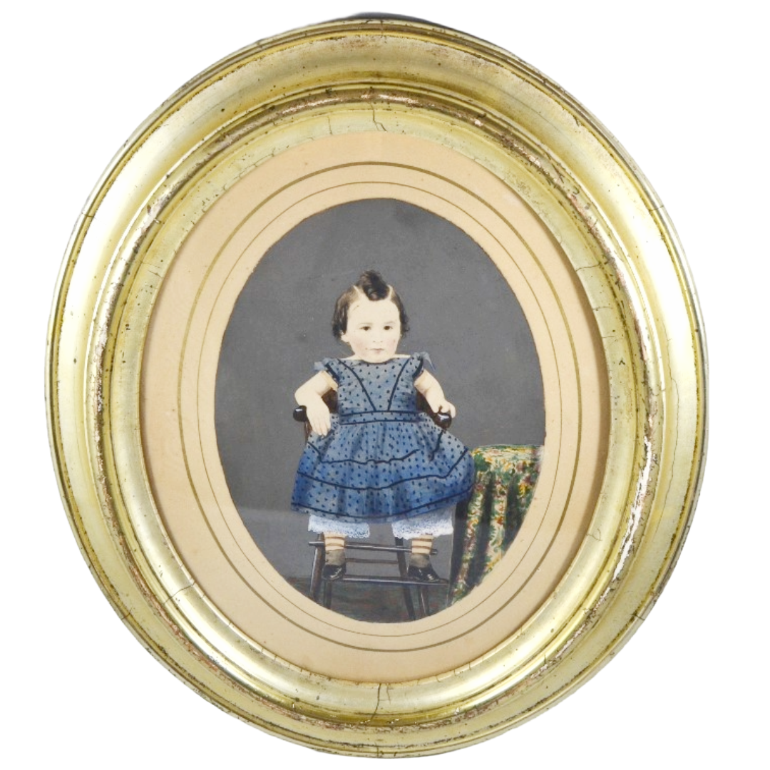 Folk Art Painted Tintype Photograph Portrait of Young Girl Seated in Windsor Chair Circa 1860-70