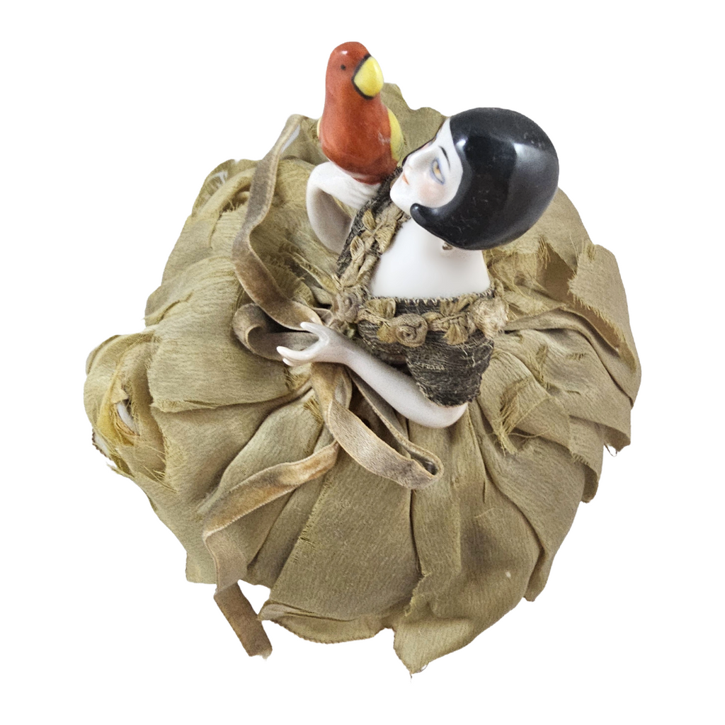 Rare Art Deco Flapper German Porcelain Half Doll with Parrot Bird on Pin Cushion with Legs