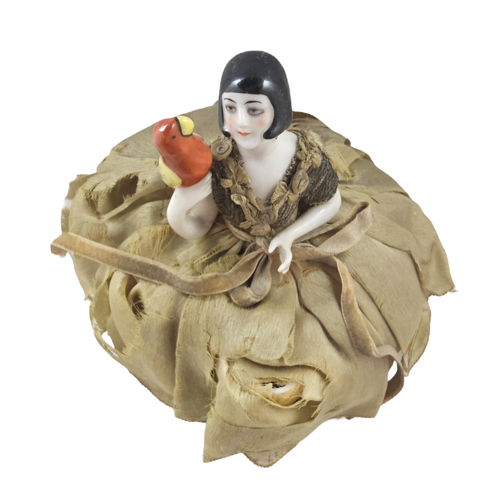 Rare Art Deco Flapper German Porcelain Half Doll with Parrot Bird on Pin Cushion with Legs