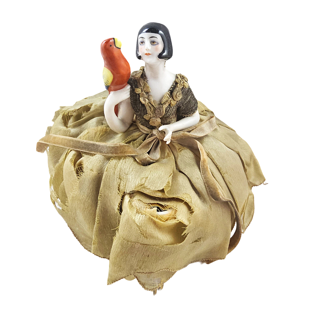Rare Art Deco Flapper German Porcelain Half Doll with Parrot Bird on Pin Cushion with Legs