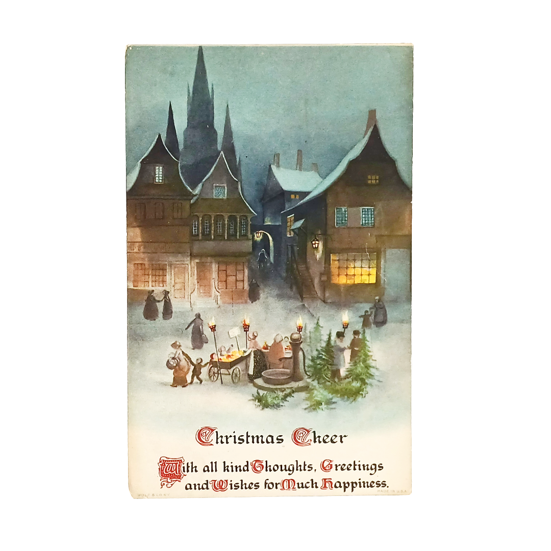 Christmas Postcard Artist Clapsaddle Wolf Publishing Snowy Town Square