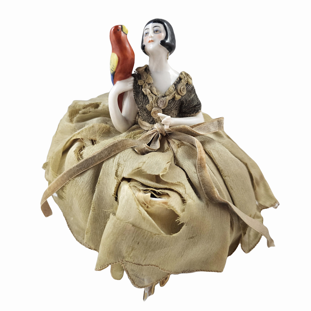 Rare Art Deco Flapper German Porcelain Half Doll with Parrot Bird on Pin Cushion with Legs