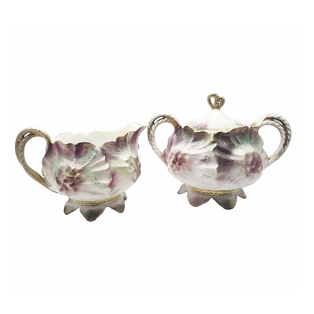 RS Prussia Porcelain Sugar Bowl Creamer Set Sunflower Mold 626 Rare Tiffany Finish