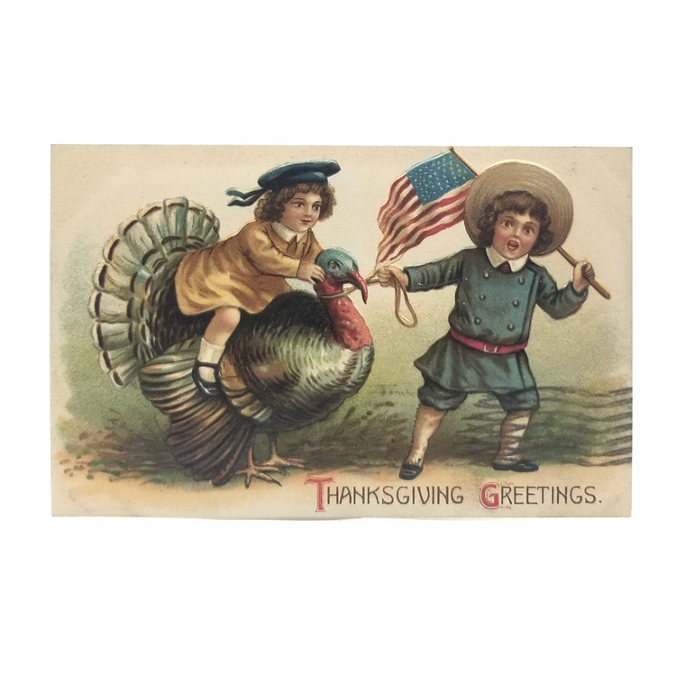 Patriotic Thanksgiving Postcard Children with American Flag Riding Turkey