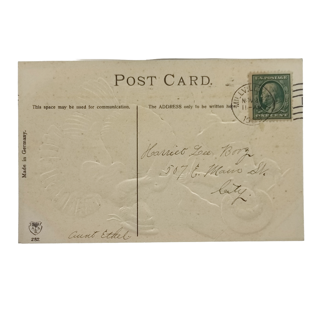 Patriotic Thanksgiving Postcard Children with American Flag Riding Turkey