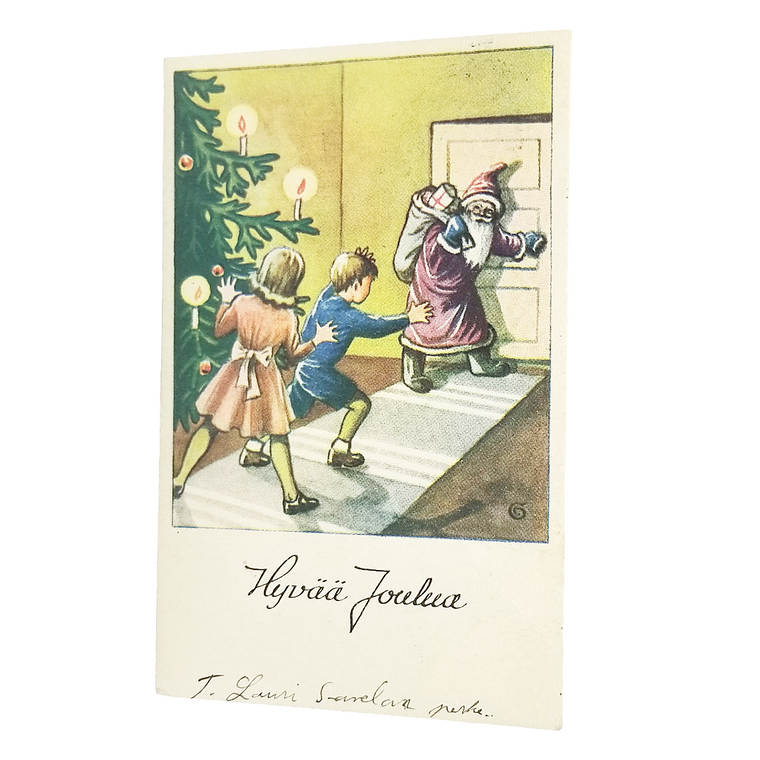 Christmas Postcard Finnish Greetings Santa Claus Escaping Through Door as Children Chase Him Near Tree