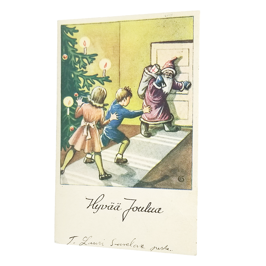 Christmas Postcard Finnish Greetings Santa Claus Escaping Through Door as Children Chase Him Near Tree