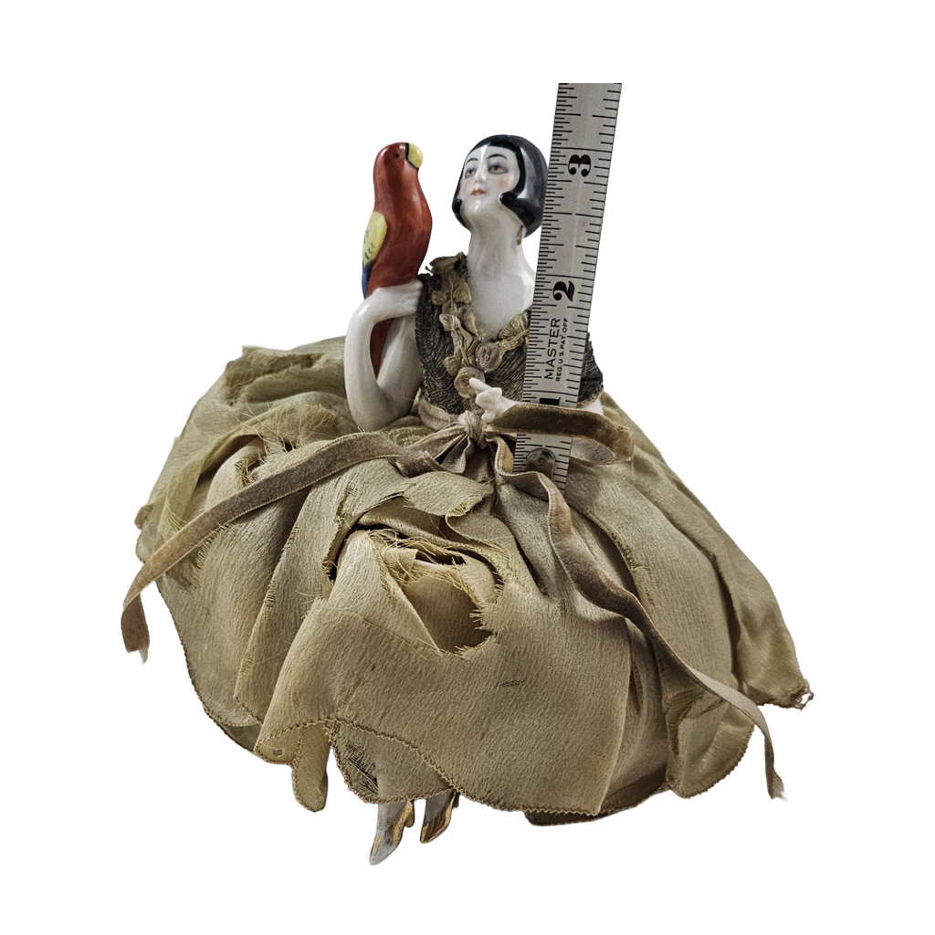 Rare Art Deco Flapper German Porcelain Half Doll with Parrot Bird on Pin Cushion with Legs