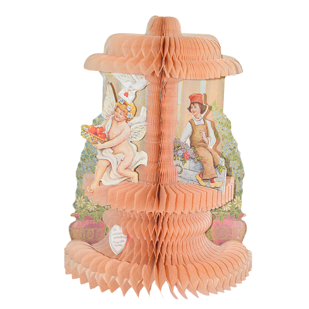 Vintage Valentine Stand Up Beistle Card Die Cut Cupid & Boy on Honeycomb