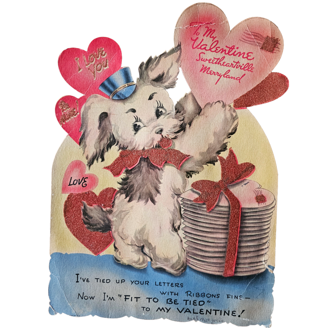 Large Vintage Die Cut Valentine Card 'Mailman' Puppy Dog Holding Heart Mail
