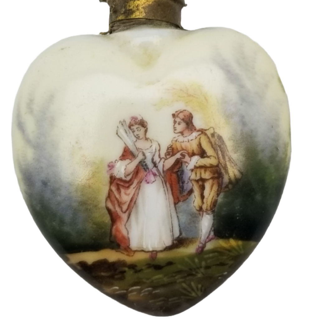 Victorian French Miniature Scent Bottle, Hand Decorated Heart, Courting Scene