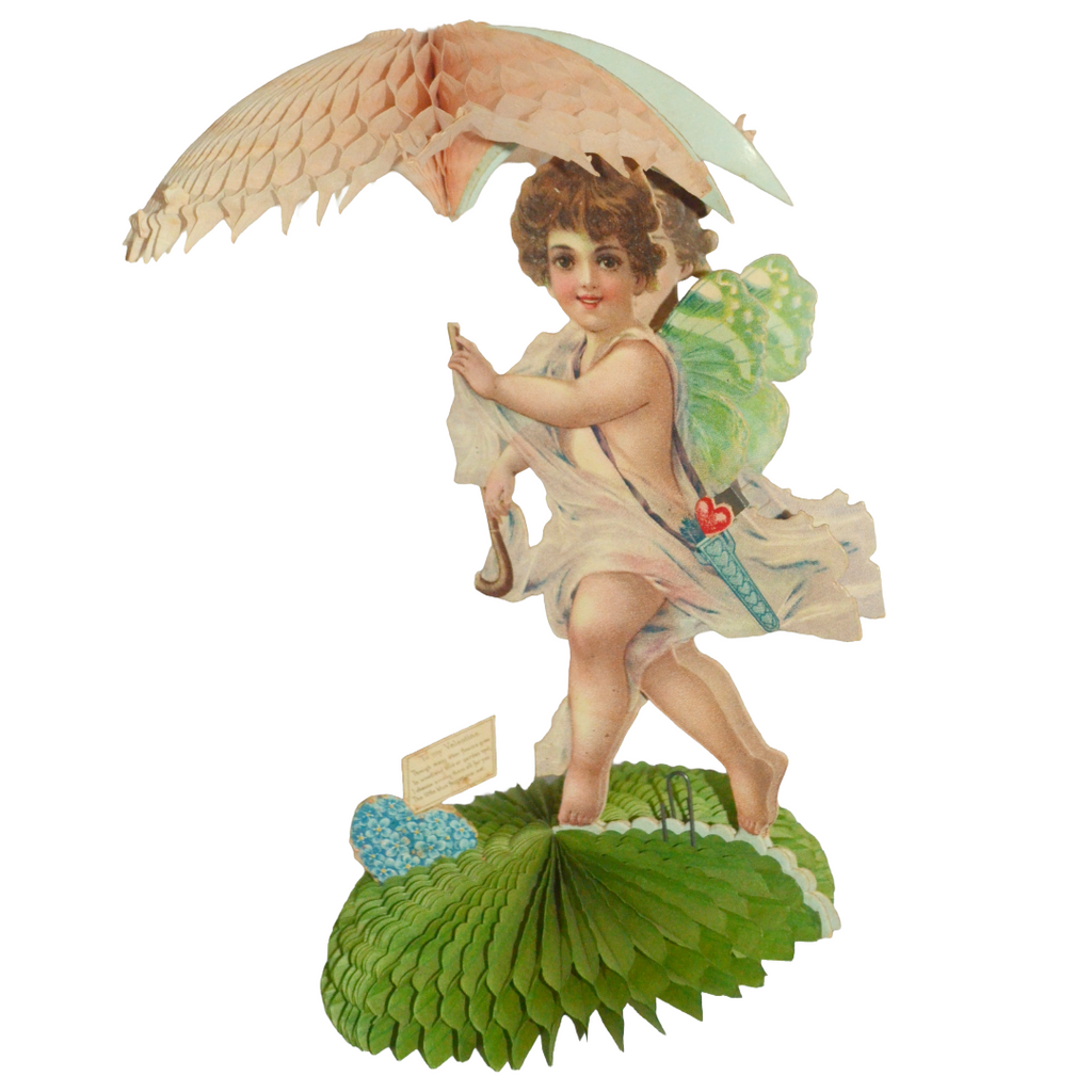 Valentine Die Cut Card Design by Brundage Stand Up 3D Honeycomb Cupid Angel Standing w/ Umbrella