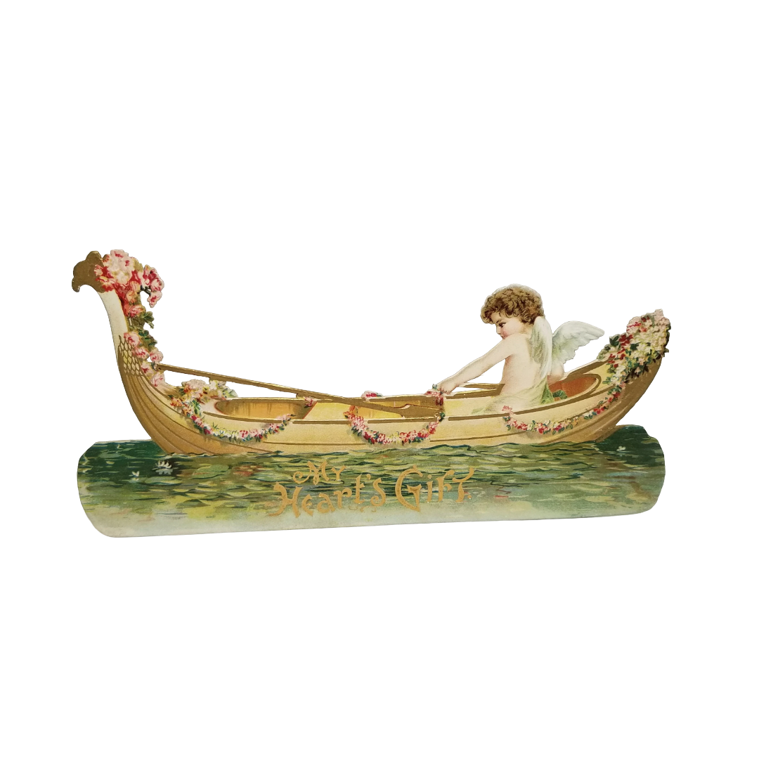 Brundage Attributed Antique Vintage Die Cut Valentine Card Cherub Cupid Rowing Boat in Water My Heart's Gift