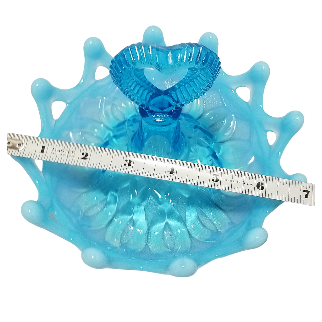 Northwood Blue Opal Open O’s Heart Handle Opalescent Glass Ring Holder