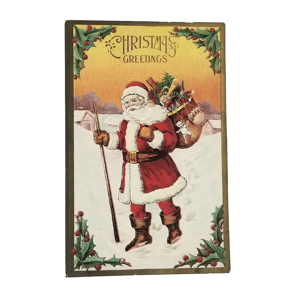 Christmas Postcard Santa Claus Carrying Toy Bag in Snow