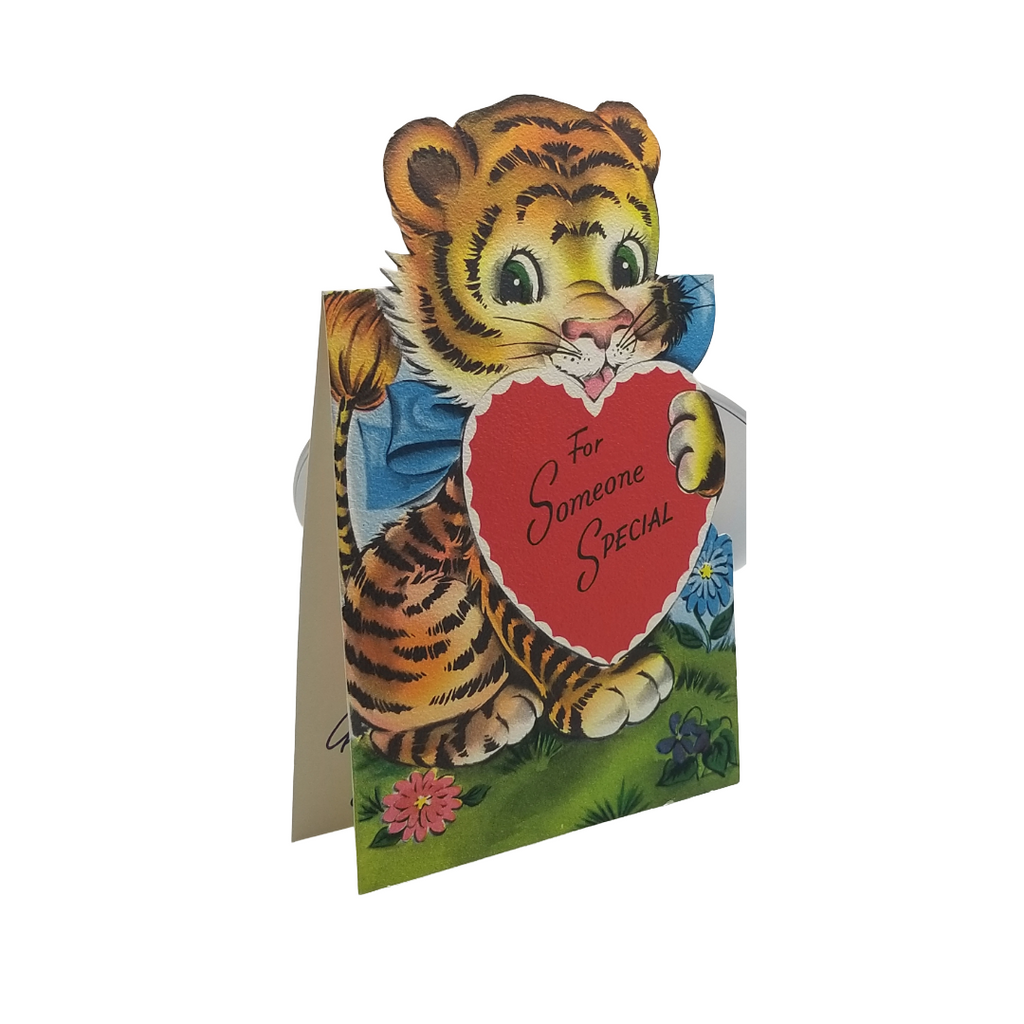 Vintage Die Cut Valentine Card Volland Baby Tiger Holding Heart
