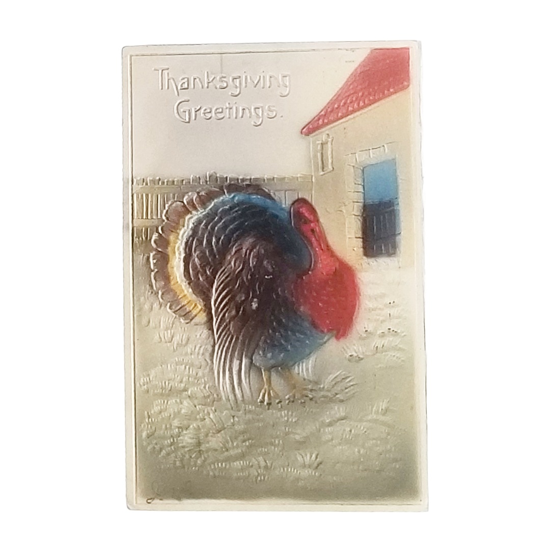 Thanksgiving Postcard Air Brush Painted Turkey in Barnyard Made in Germany