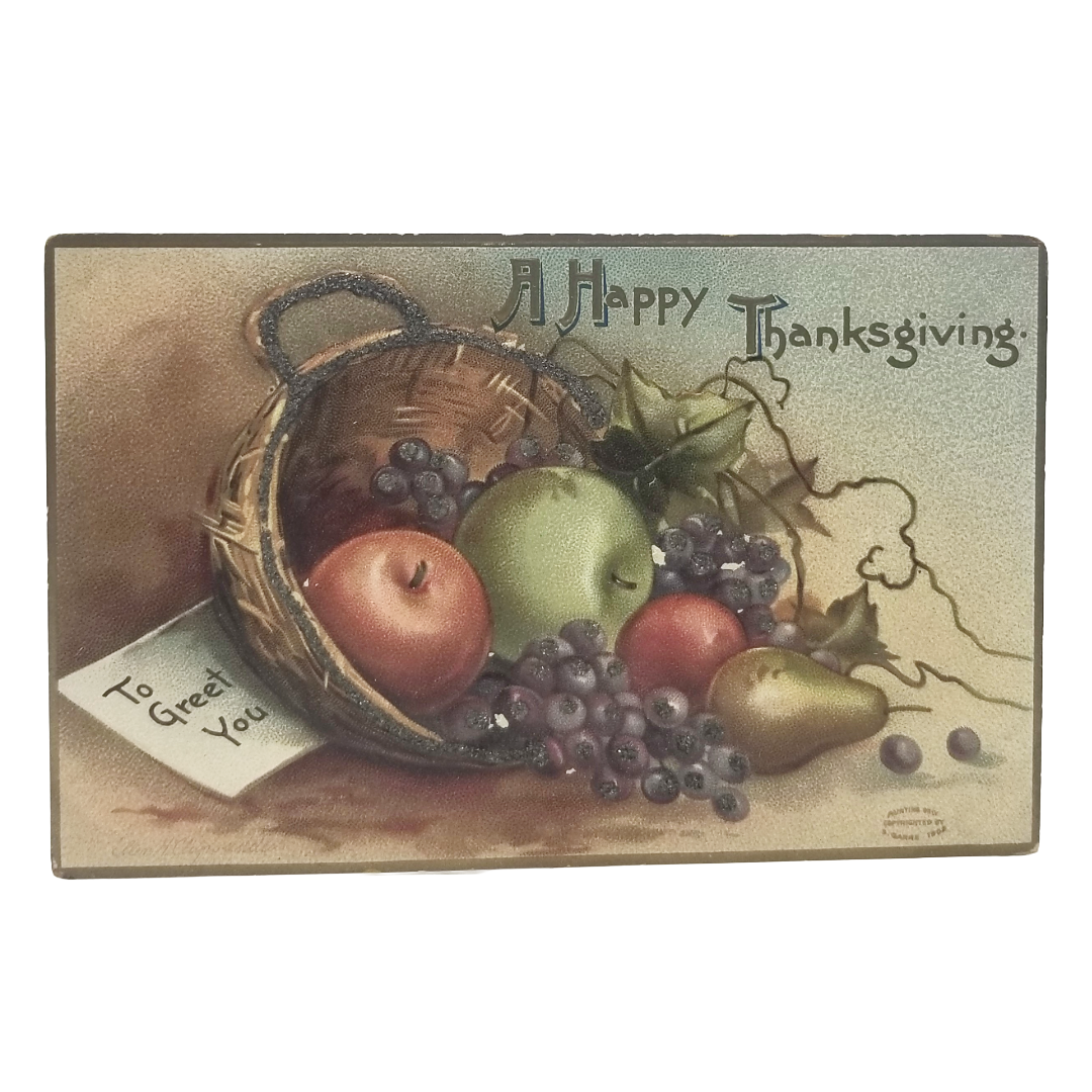 Thanksgiving Postcard Basket of Fall Fruit Harvest Artist Clapsaddle