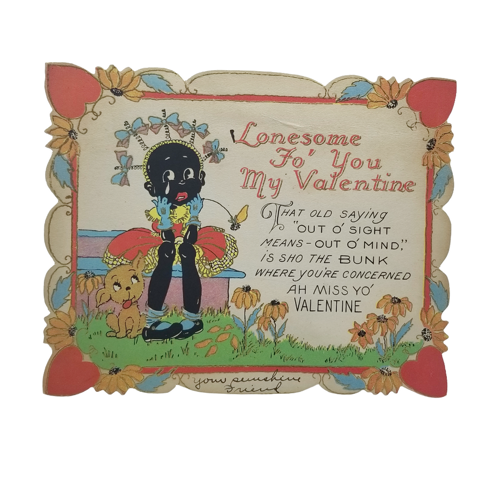 Vintage Valentine Die Cut African American Child with Puppy Dog & Hearts